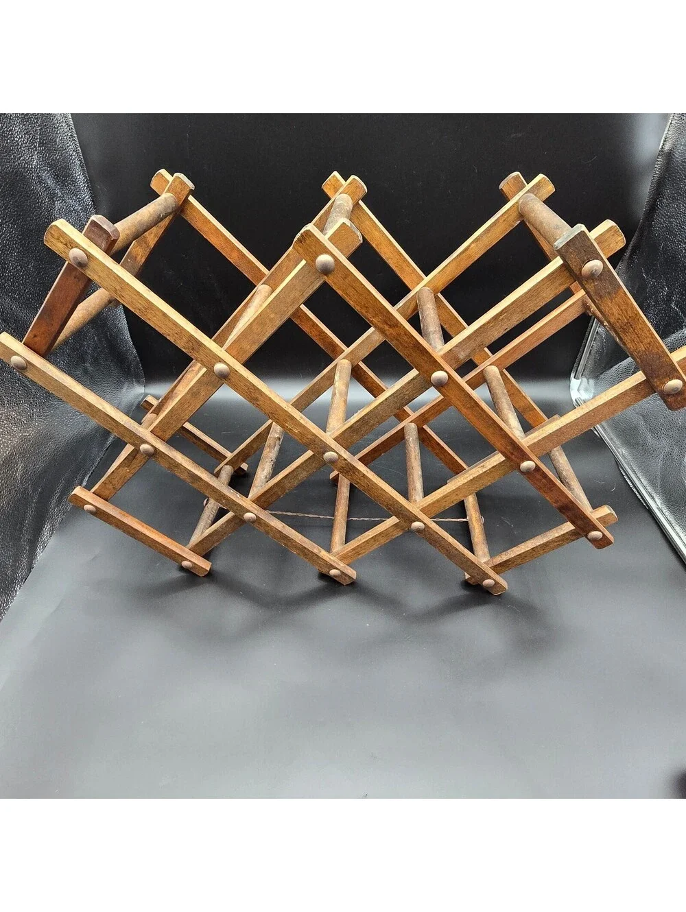 Vintage Mid-Century Modern Accordion Wooden Wine Rack Expandable with Chain